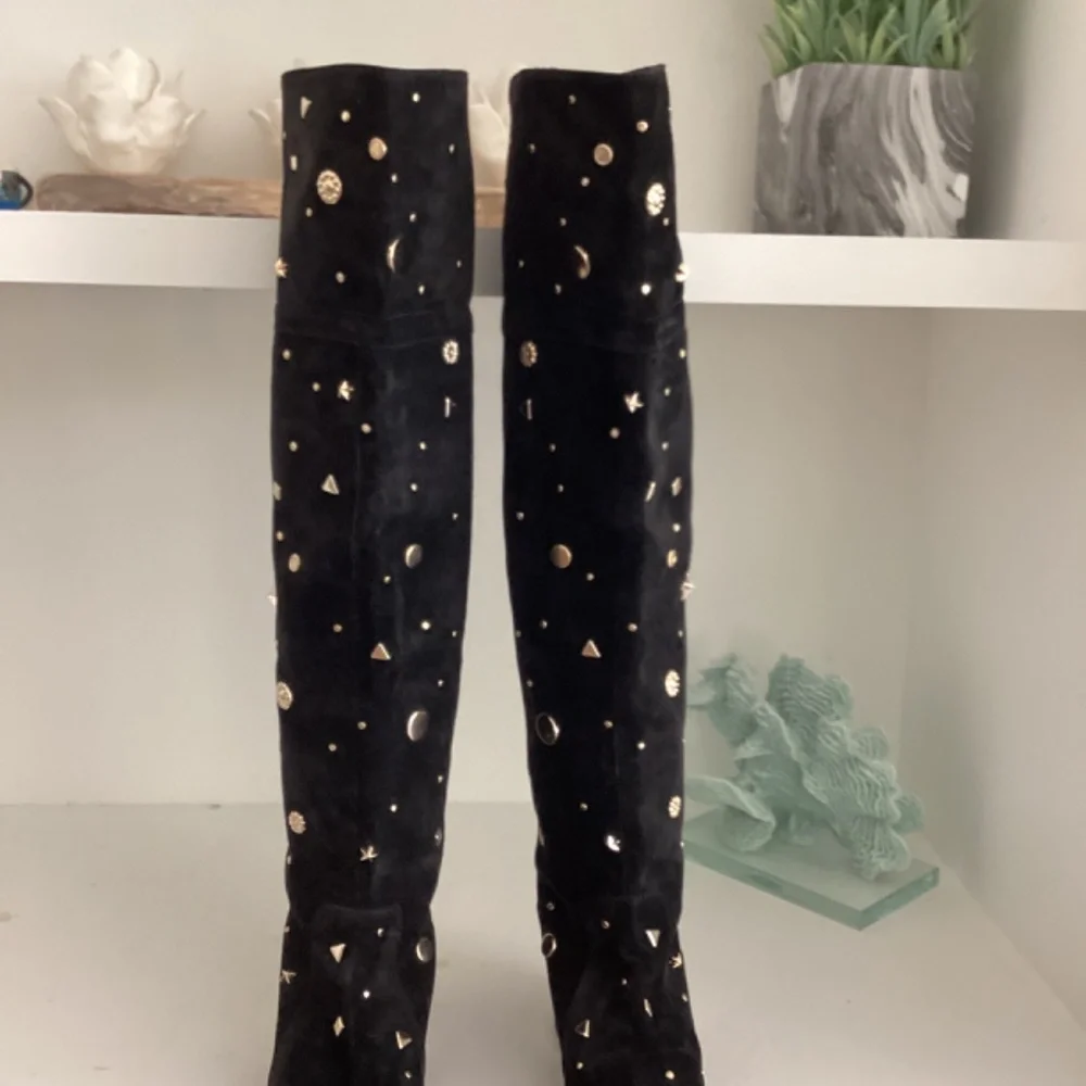 REDUCED ROGER VIVIER Embellished Studded Accent Black Suede OTK Boots Size 37 7